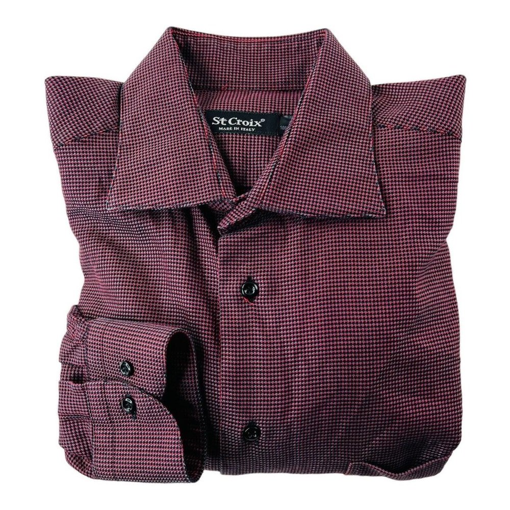 St. Croix Red Black & Gray Houndstooth Long Sleeve Cotton Button Up Size Large L